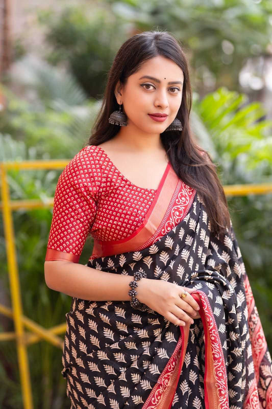 Black Color Cotton Linen Saree with Ajrakh Print