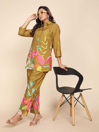 Co-Ord Set Slub Cotton Mehandi Color