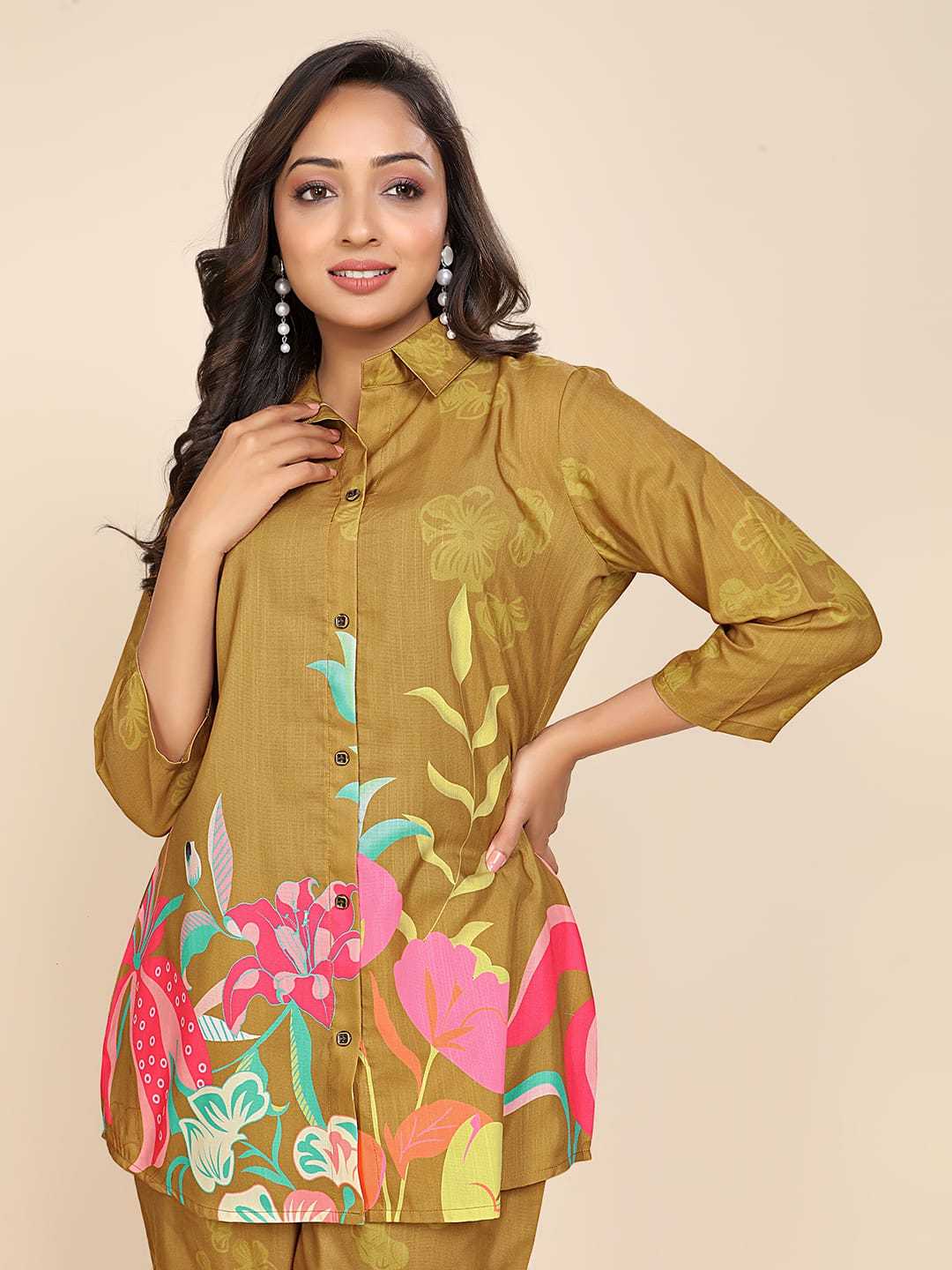 Co-Ord Set Slub Cotton Mehandi Color