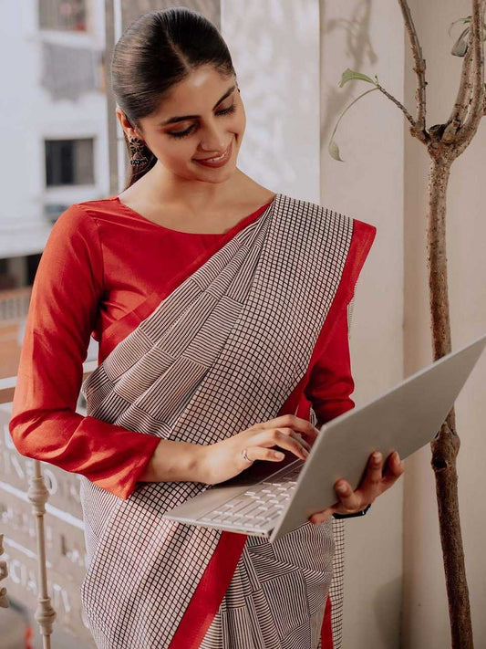 Pure Soft Mul Cotton Striped Red Saree