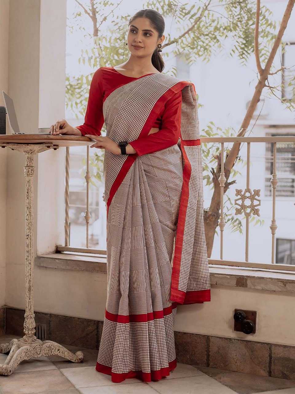 Pure Soft Mul Cotton Striped Red Saree