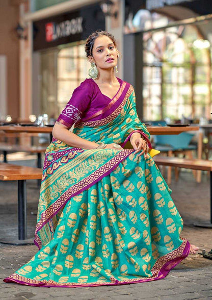 Bagru Block Print Modal Mulcotton Green saree