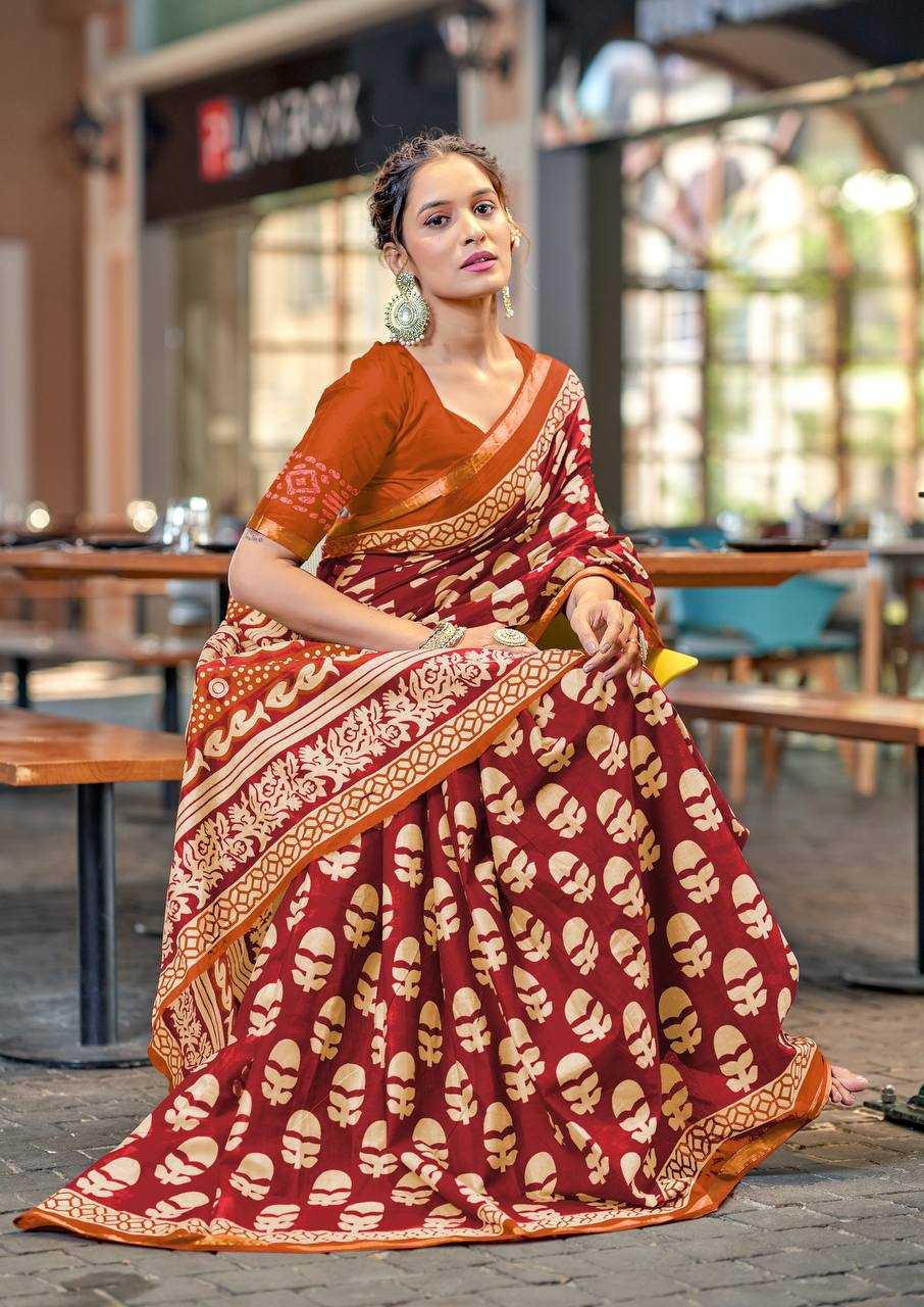 Bagru Block Print Modal Mulcotton Maroon saree