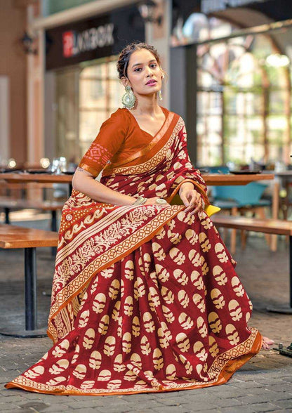 Bagru Block Print Modal Mulcotton Maroon saree