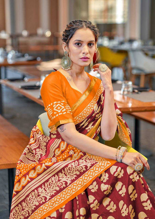 Bagru Block Print Modal Mulcotton Maroon saree