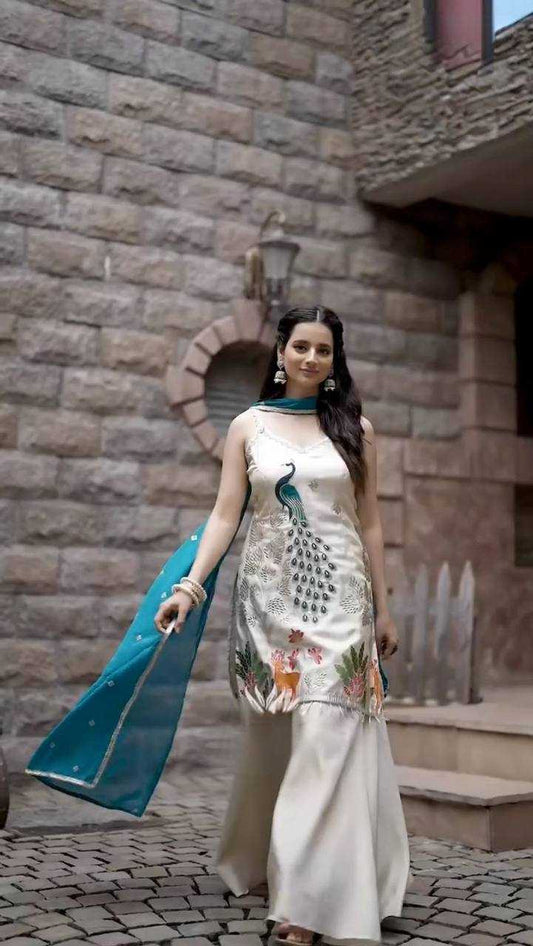 French Crepe Peacock Embroidery Work  Lace On Border Kurti Set