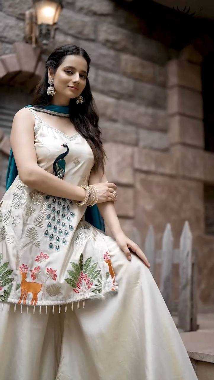 French Crepe Peacock Embroidery Work  Lace On Border Kurti Set