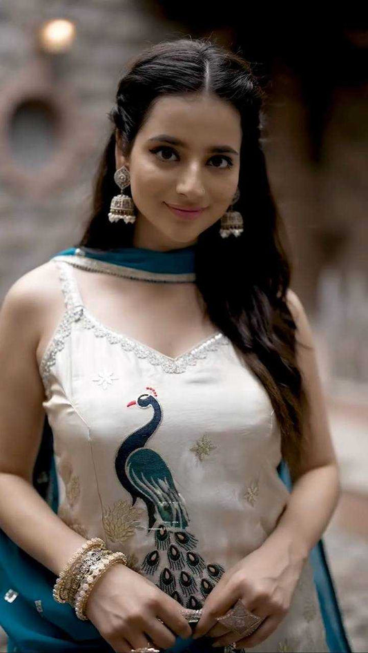 French Crepe Peacock Embroidery Work  Lace On Border Kurti Set