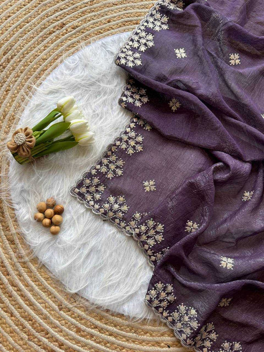 Dark Wine Crushed silk Zari sequins embroidery