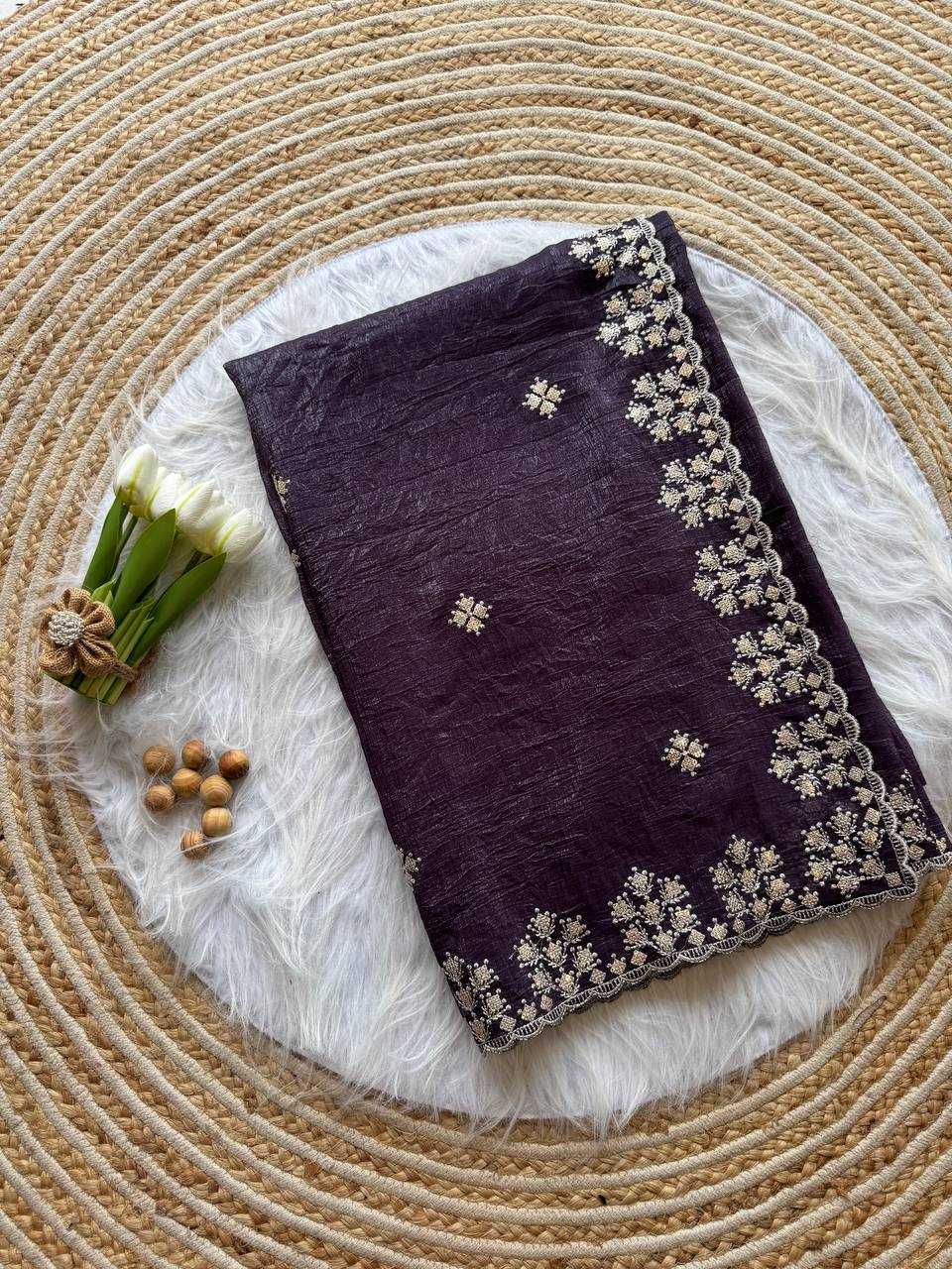 Dark Wine Crushed silk Zari sequins embroidery