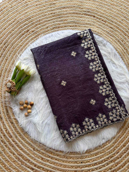 Dark Wine Crushed silk Zari sequins embroidery