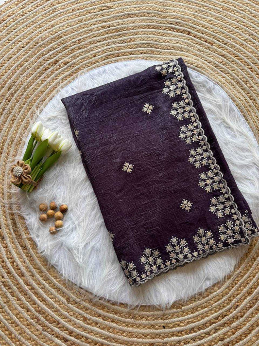 Dark Wine Crushed silk Zari sequins embroidery