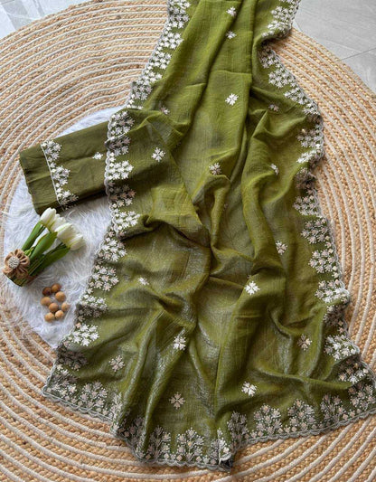 Mehandi Crushed silk Zari sequins embroidery