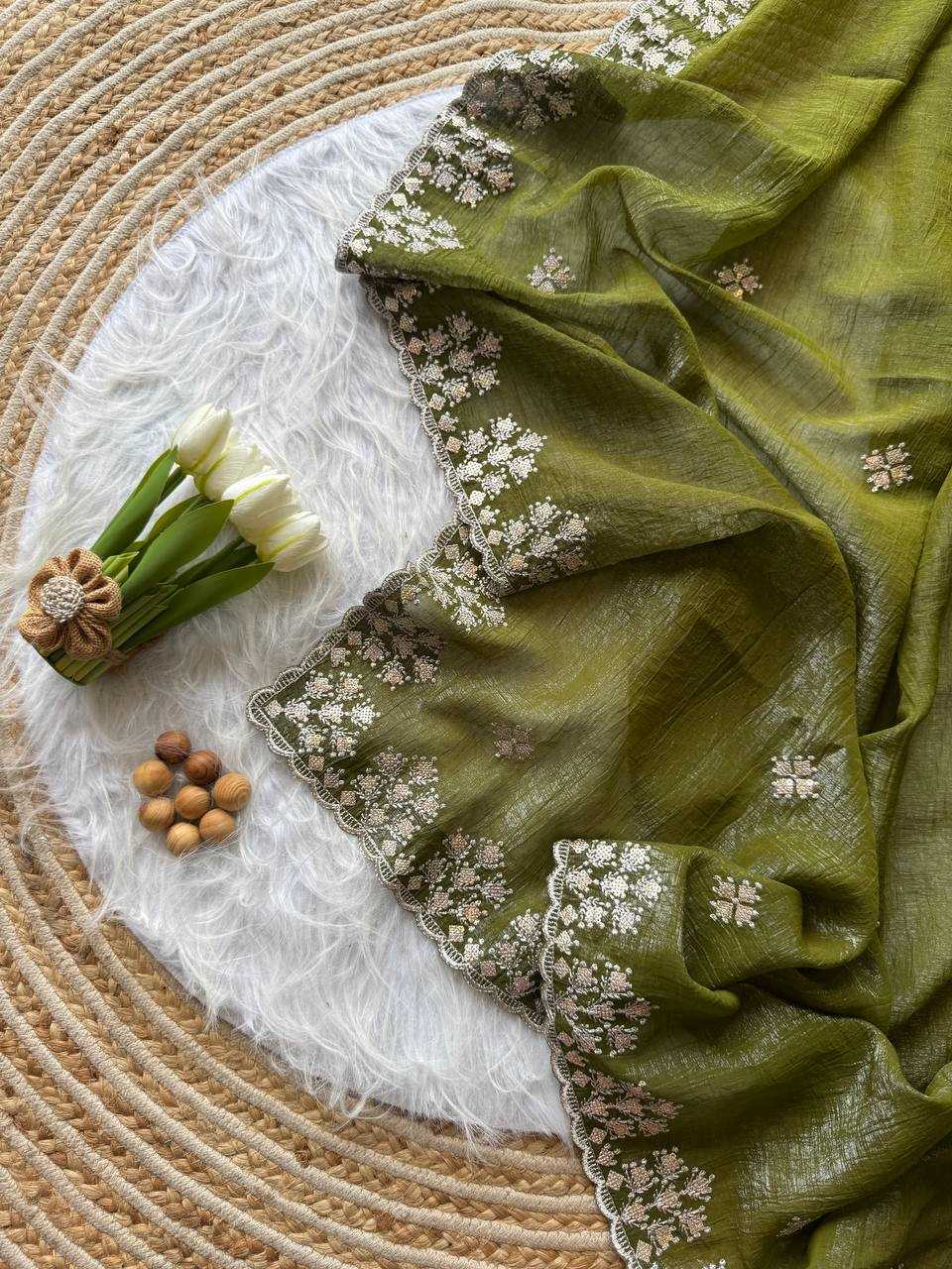 Mehandi Crushed silk Zari sequins embroidery
