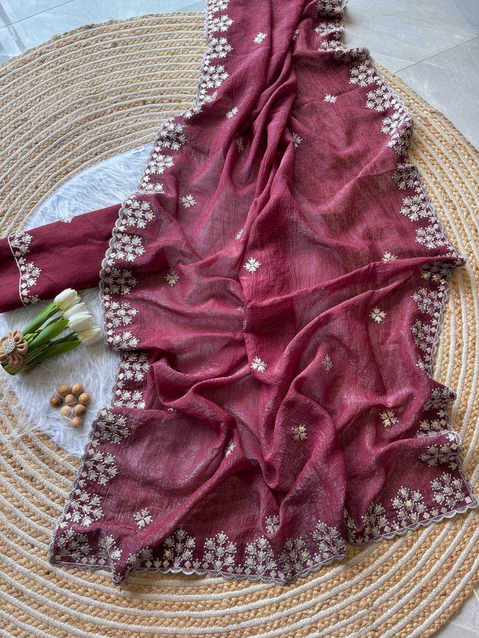 Maroon Crushed silk Zari sequins embroidery