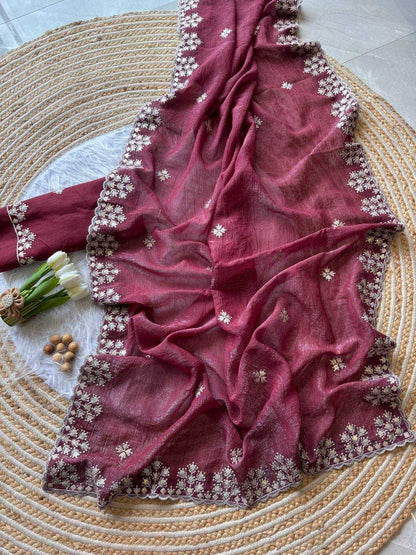 Maroon Crushed silk Zari sequins embroidery
