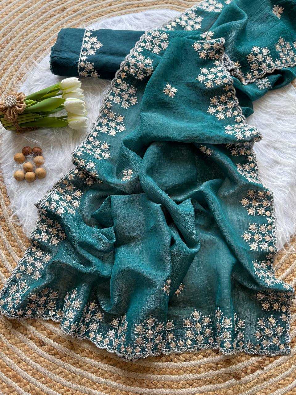 Light Blue Crushed silk Zari sequins embroidery