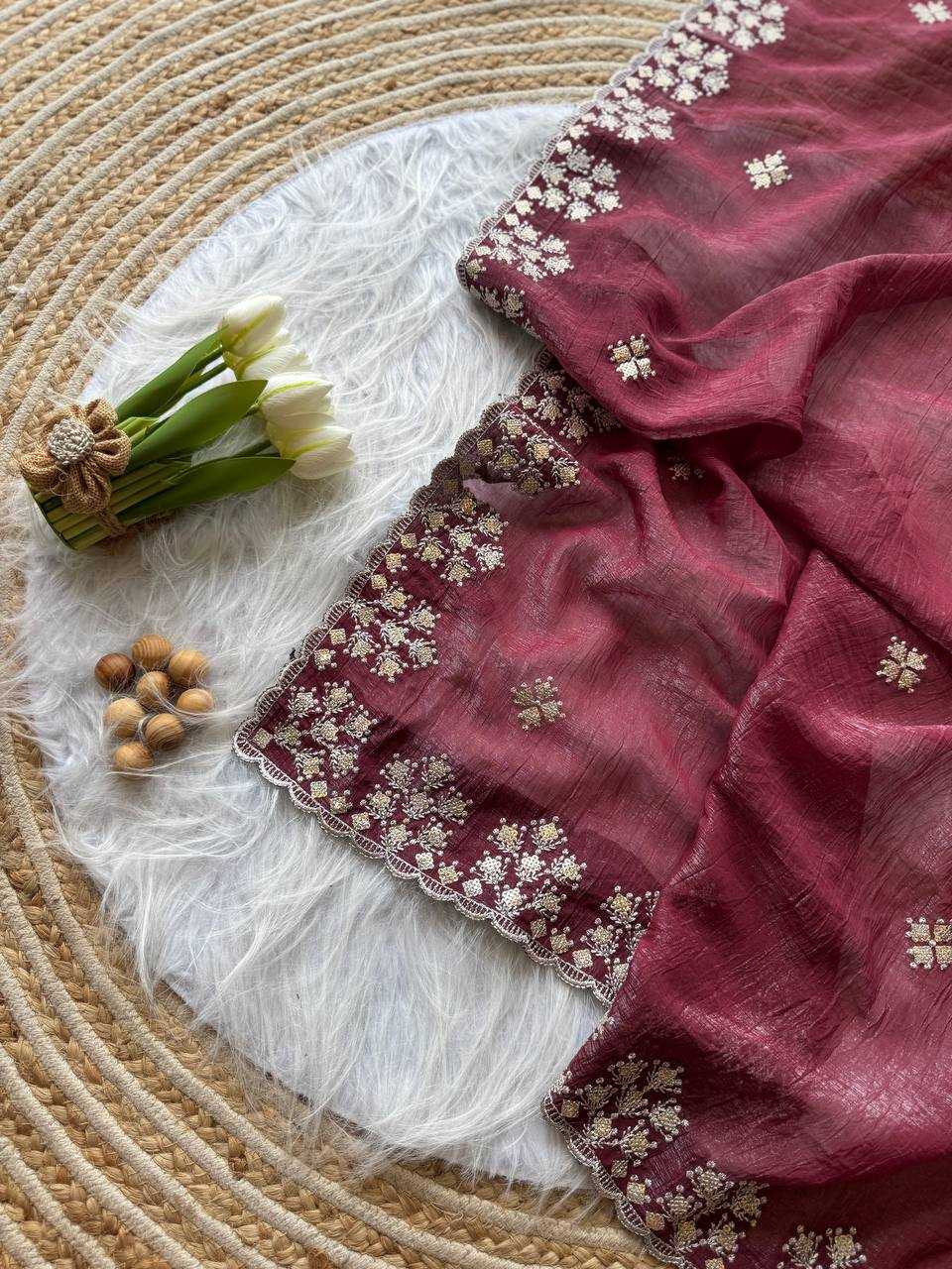 Maroon Crushed silk Zari sequins embroidery
