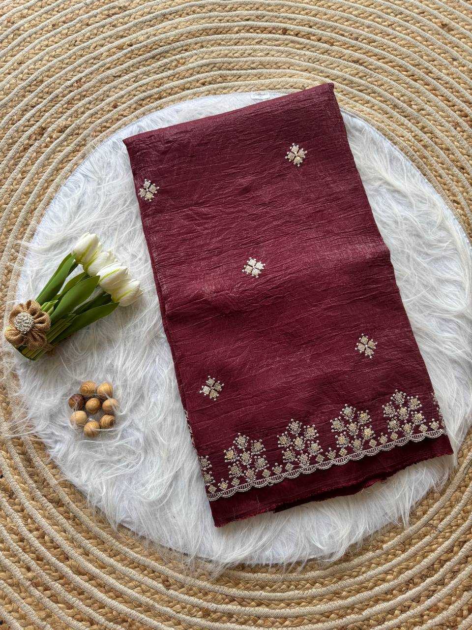Maroon Crushed silk Zari sequins embroidery
