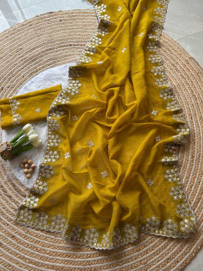 Mustard Crushed silk Zari sequins embroidery