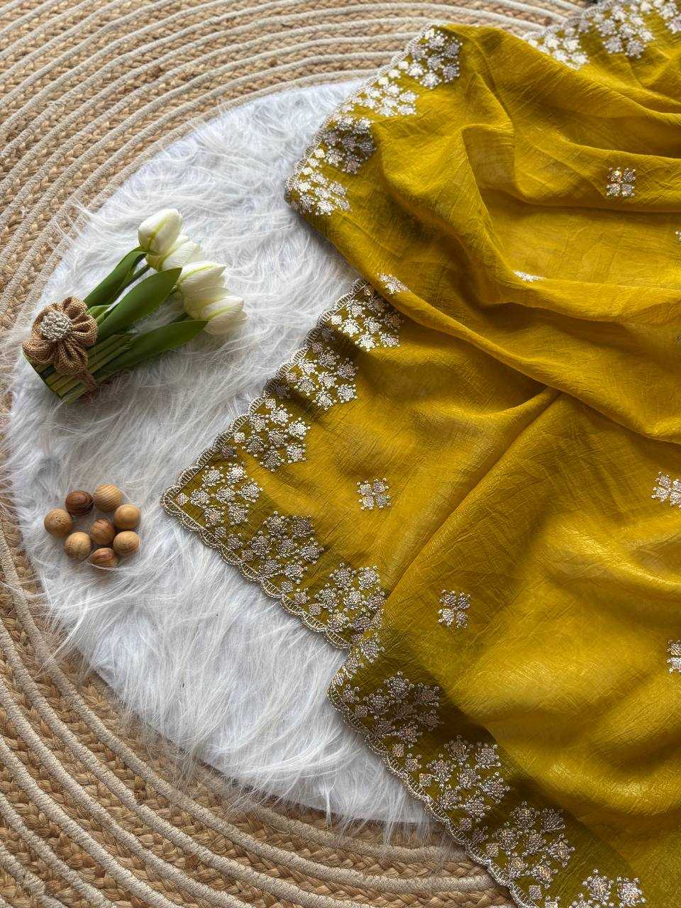 Mustard Crushed silk Zari sequins embroidery