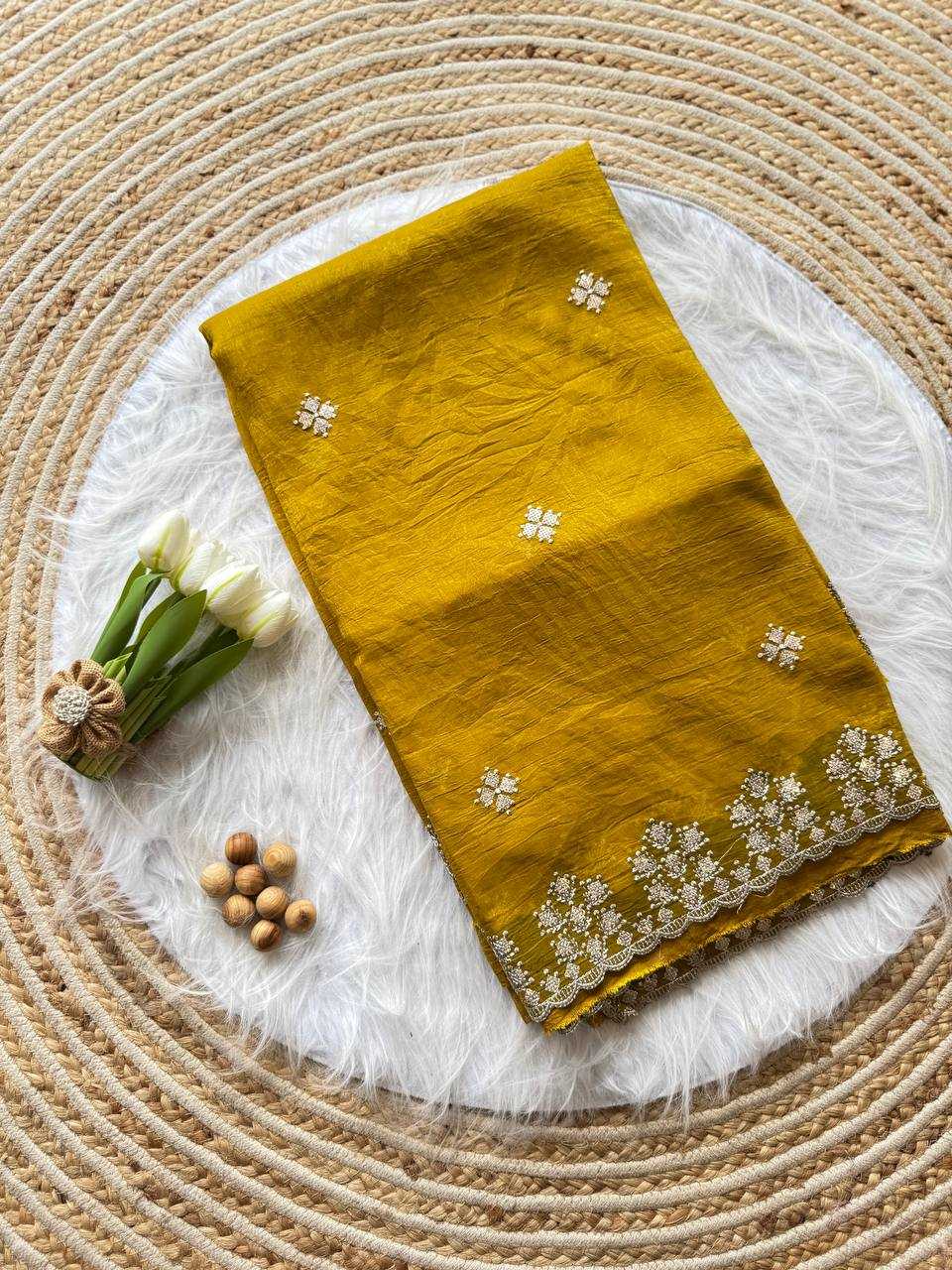 Mustard Crushed silk Zari sequins embroidery