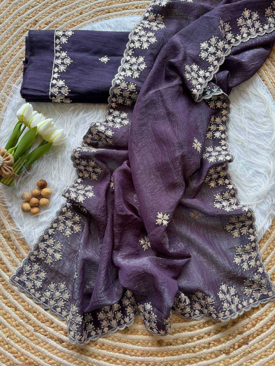 Dark Wine Crushed silk Zari sequins embroidery