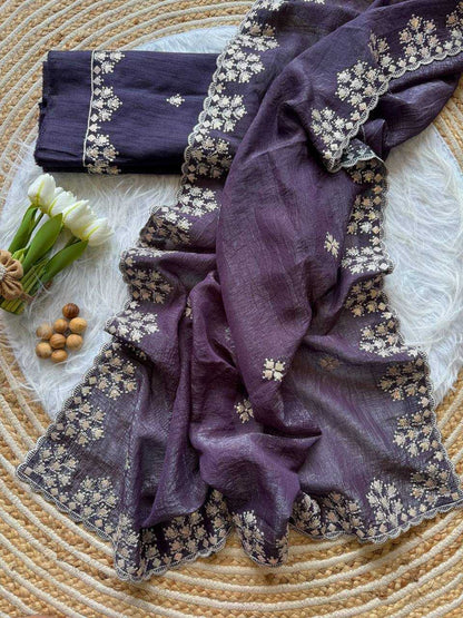 Dark Wine Crushed silk Zari sequins embroidery