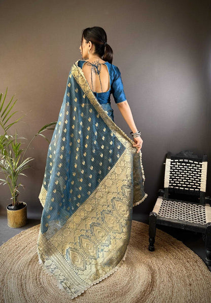 Navy Blue Banaras Tissue Silk Saree