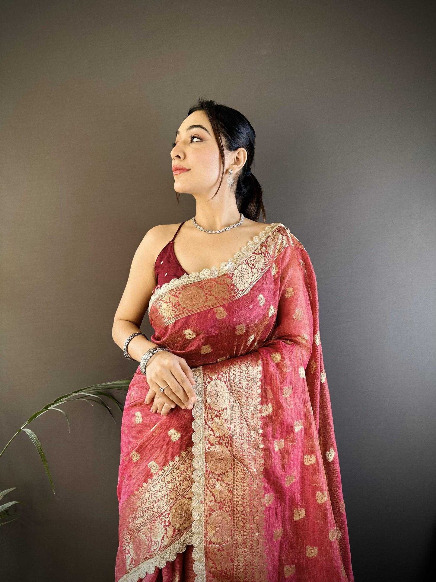 Maroon Banaras Tissue Silk Saree