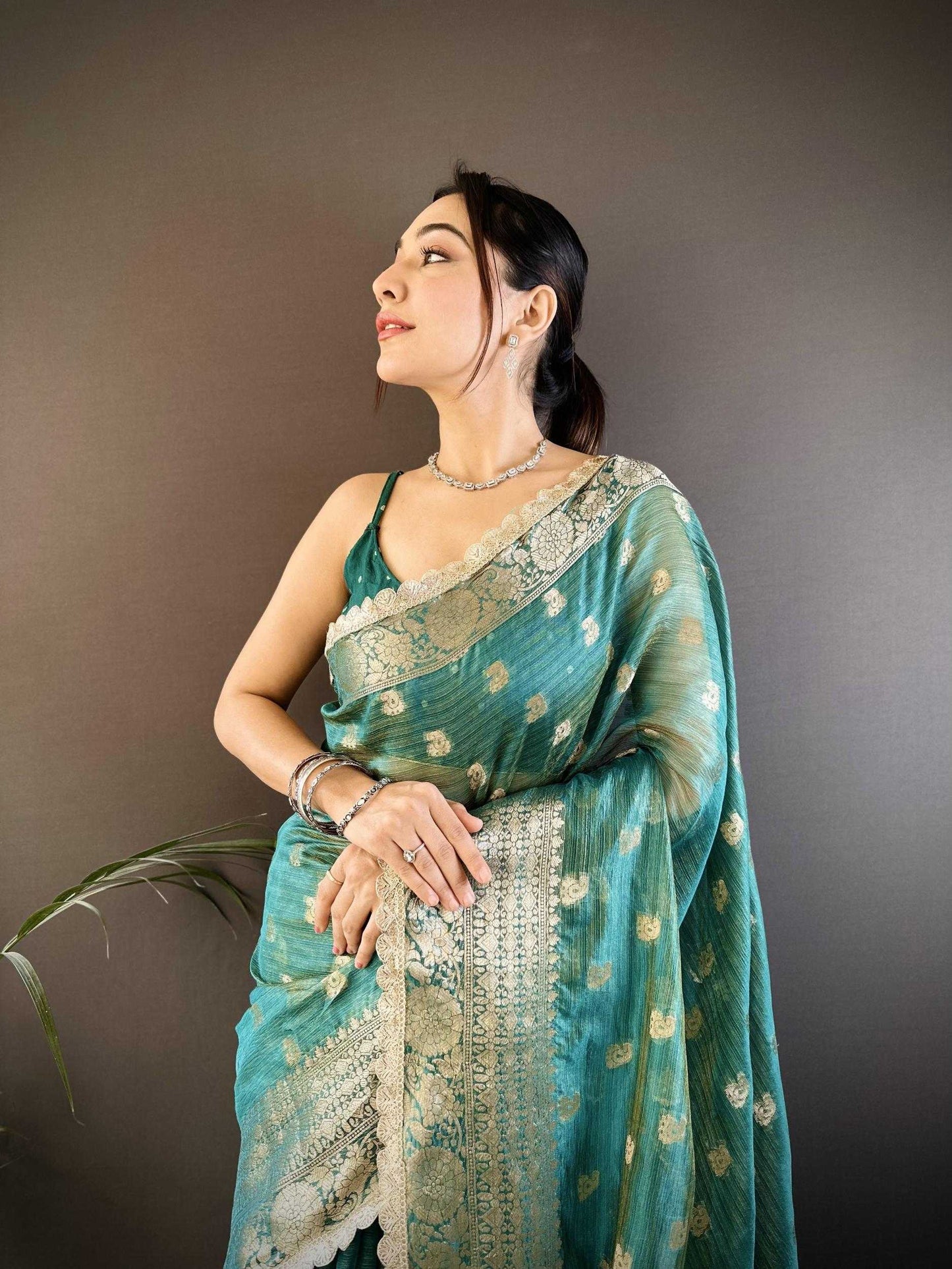 Teal Blue Banaras Tissue Silk Saree