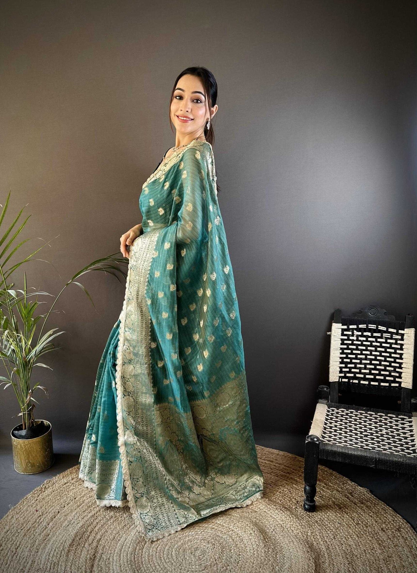 Teal Blue Banaras Tissue Silk Saree