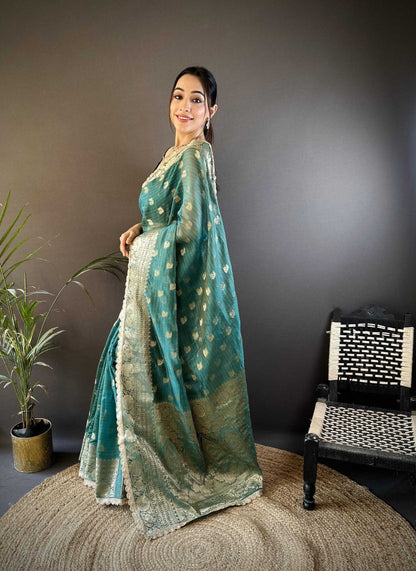 Teal Blue Banaras Tissue Silk Saree