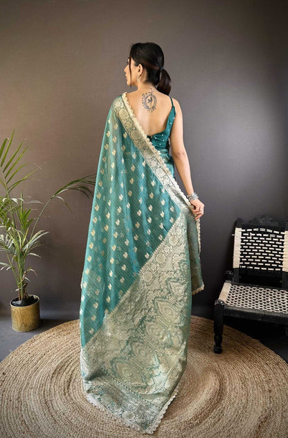Teal Blue Banaras Tissue Silk Saree