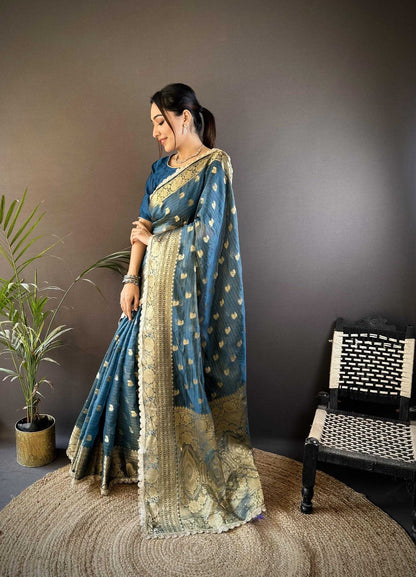 Navy Blue Banaras Tissue Silk Saree