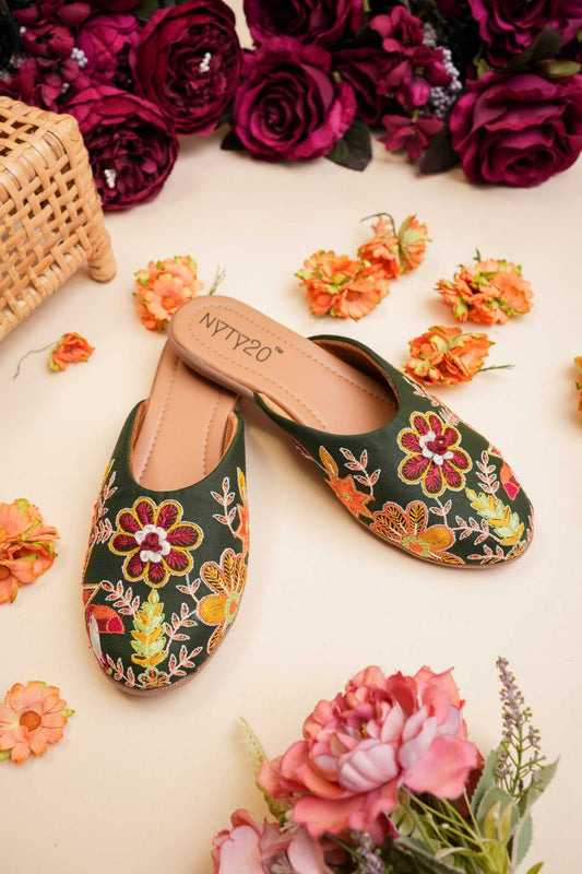 Green Colored Denim Embroidered Jutti