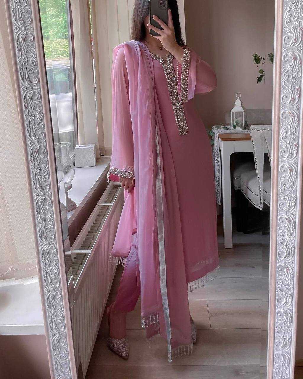 Faux Georgette Real Moti Handwork Baby Pink Suit
