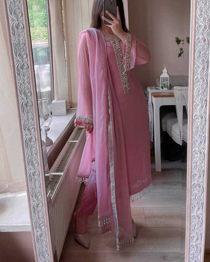 Faux Georgette Real Moti Handwork Baby Pink Suit