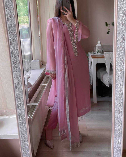 Faux Georgette Real Moti Handwork Baby Pink Suit
