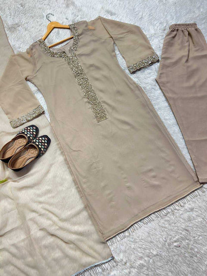 Faux Georgette Real Moti Handwork Cream Suit