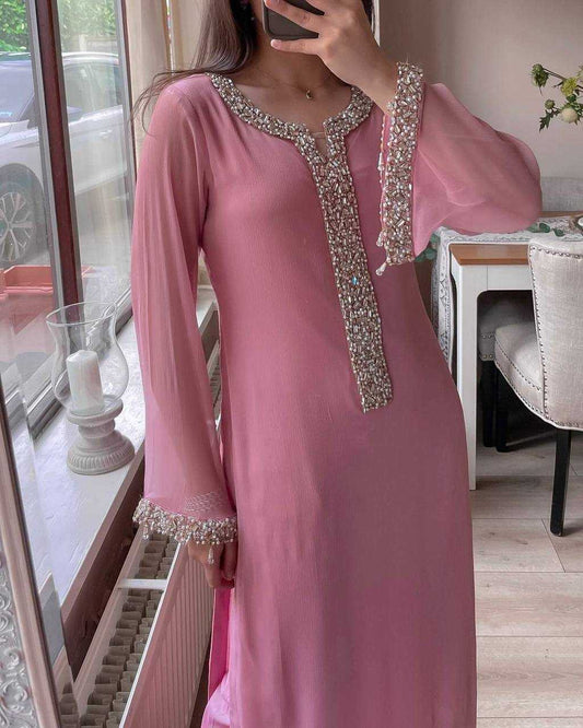 Faux Georgette Real Moti Handwork Baby Pink Suit