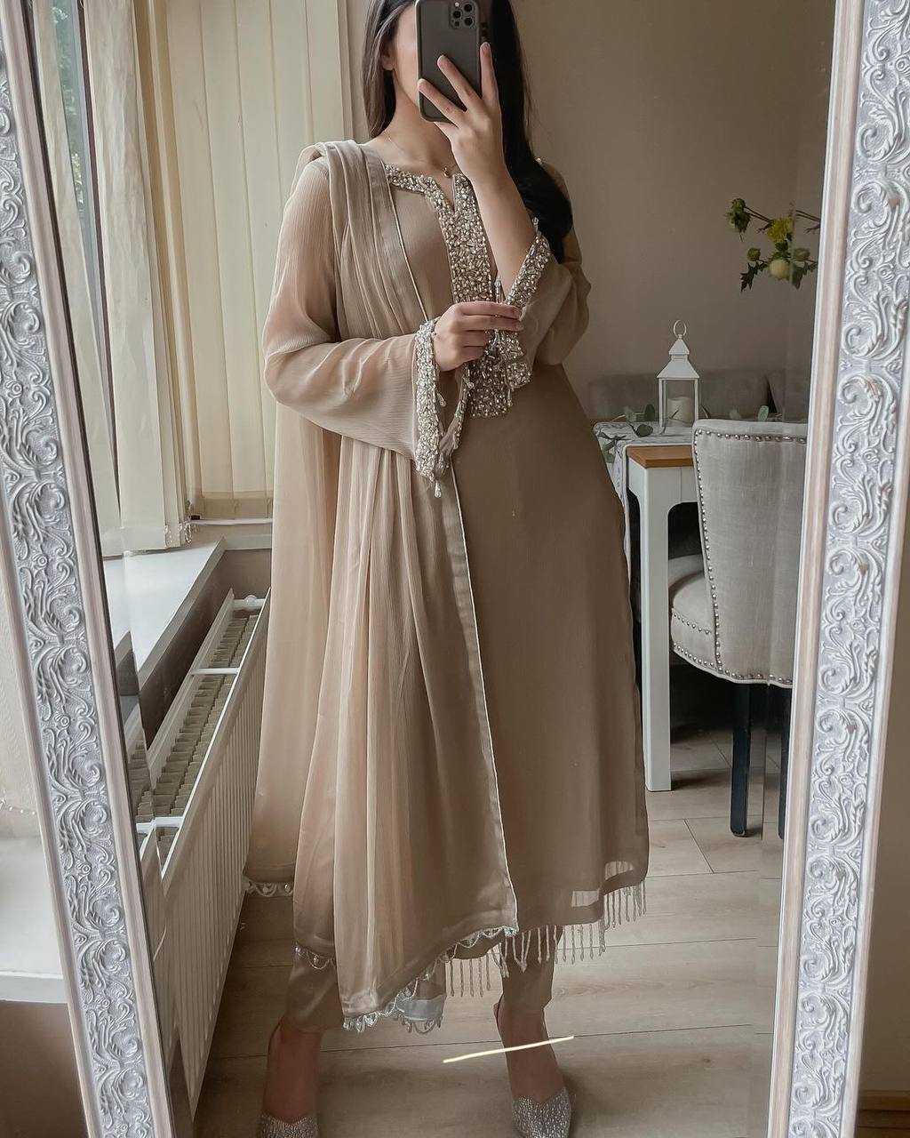 Faux Georgette Real Moti Handwork Cream Suit