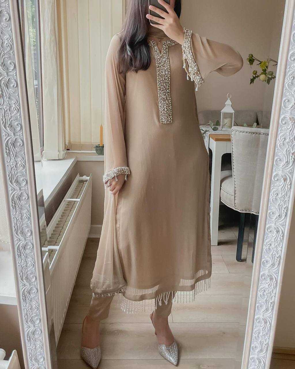 Faux Georgette Real Moti Handwork Cream Suit