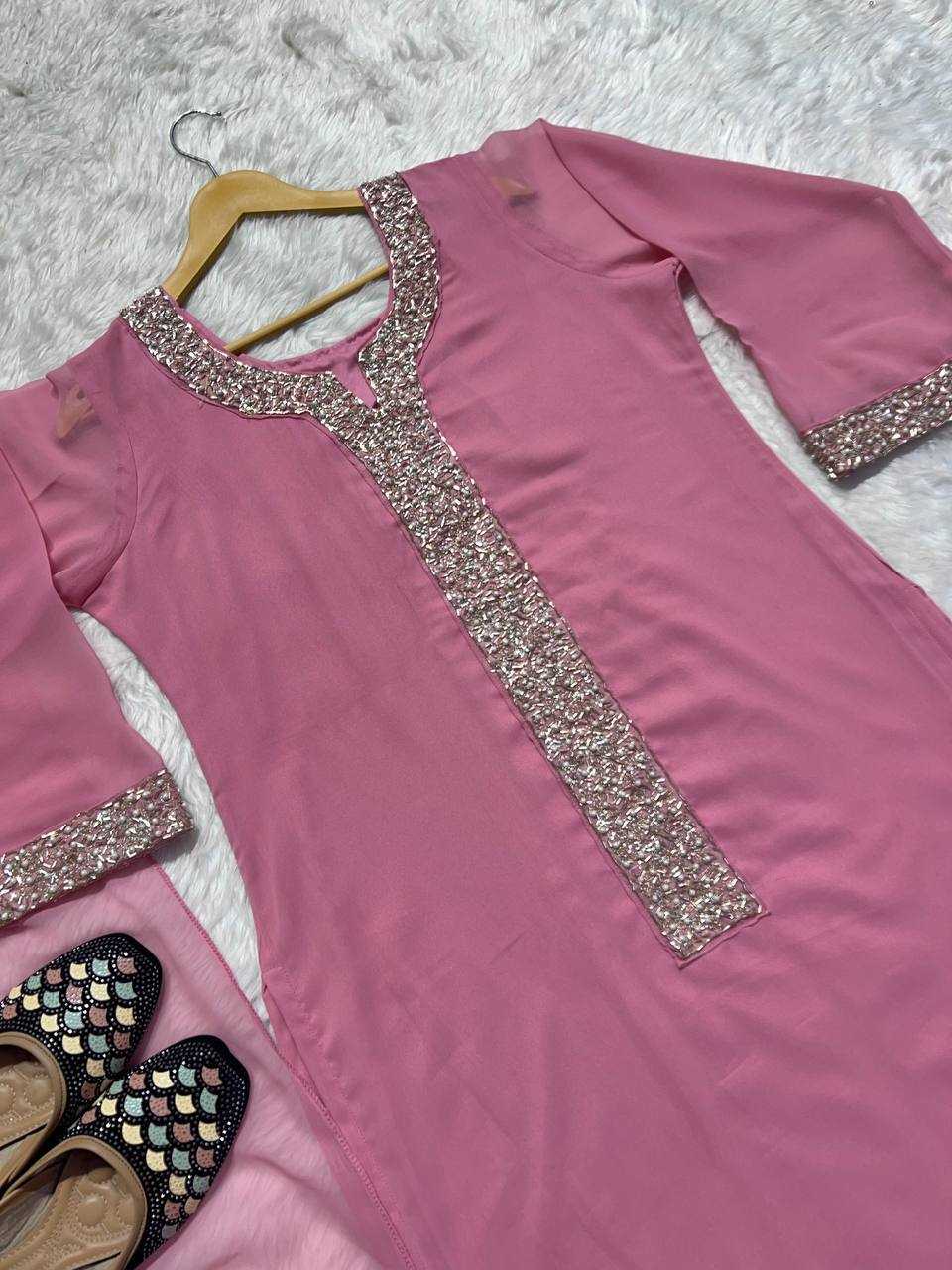 Faux Georgette Real Moti Handwork Baby Pink Suit