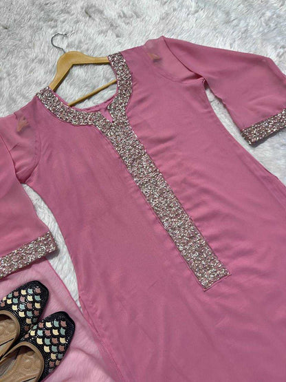 Faux Georgette Real Moti Handwork Baby Pink Suit