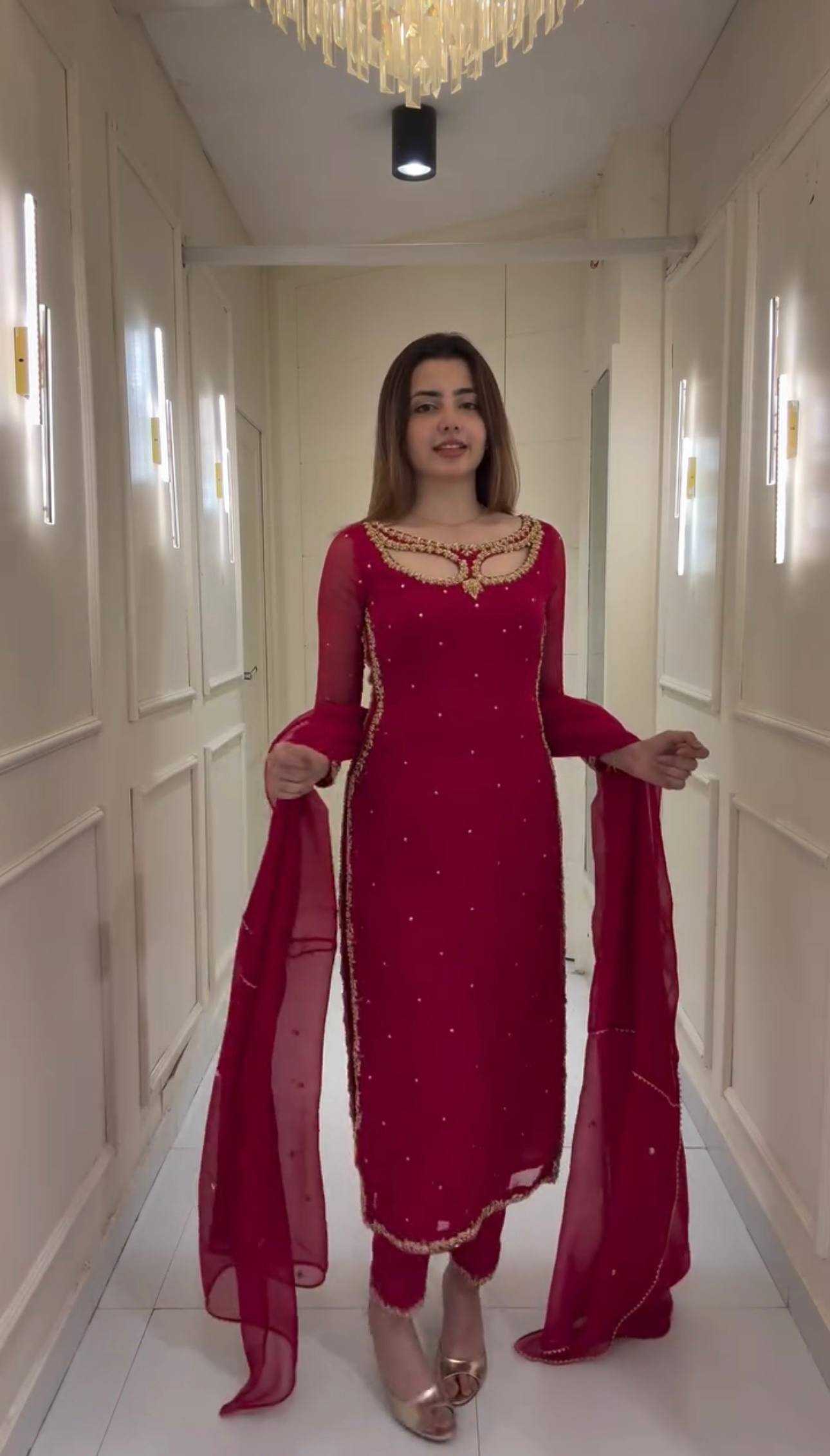 Faux Georgette Embroidery Work With Real Pearl Moti Suit