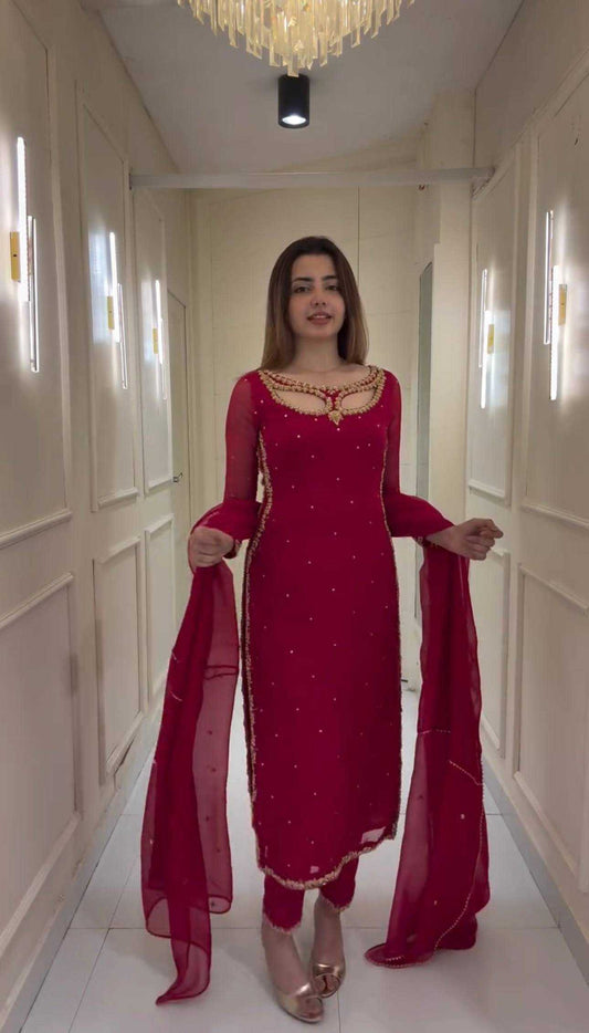 Faux Georgette Embroidery Work With Real Pearl Moti Suit