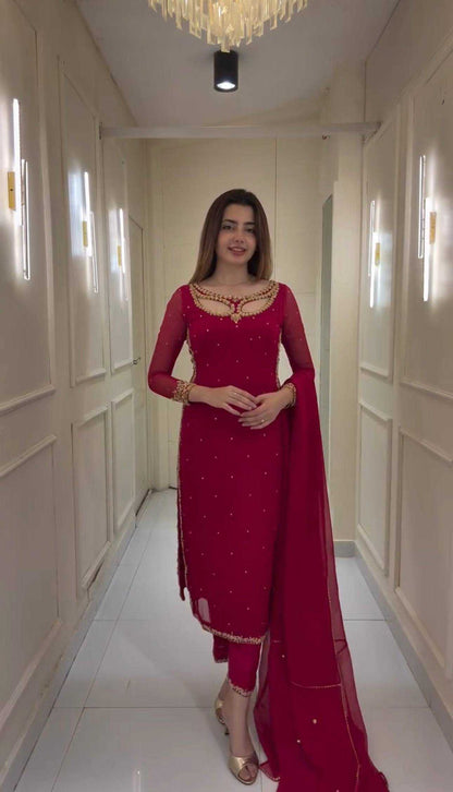 Faux Georgette Embroidery Work With Real Pearl Moti Suit