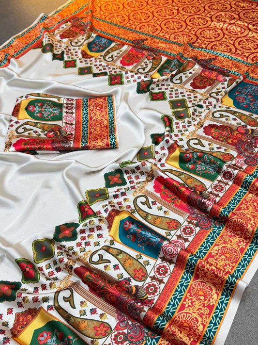 Ajrakh Print model silk fabric (semi gaji) Off White Saree