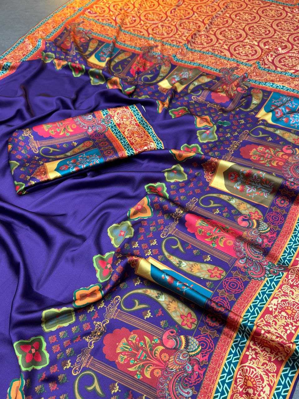 Ajrakh Print model silk fabric (semi gaji) Purple Saree